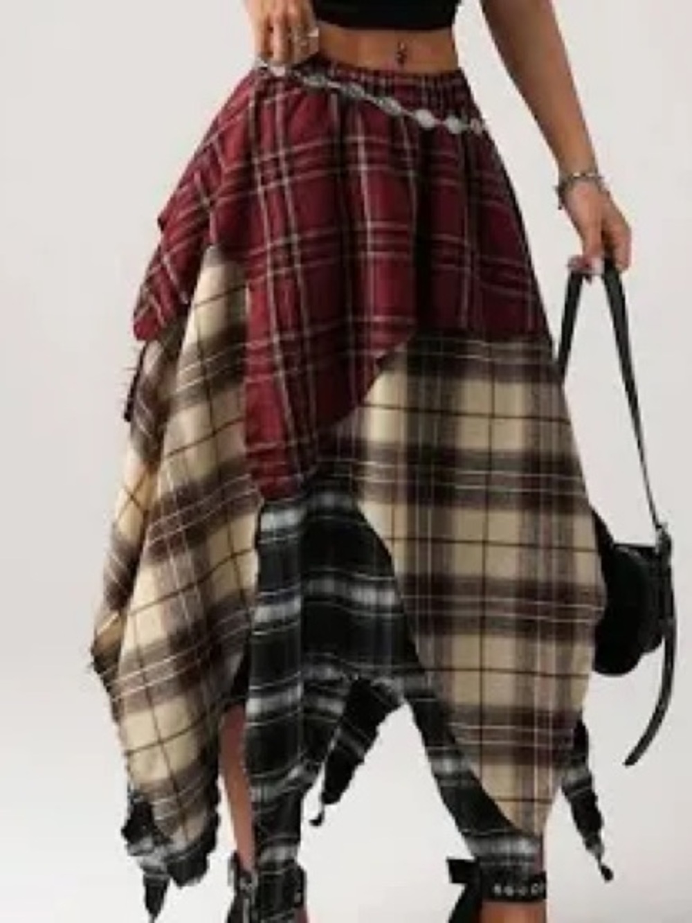 ICON Plaid Patchwork Asymmetrical Handkerchief Hem Skirt in Red, Cream and Black